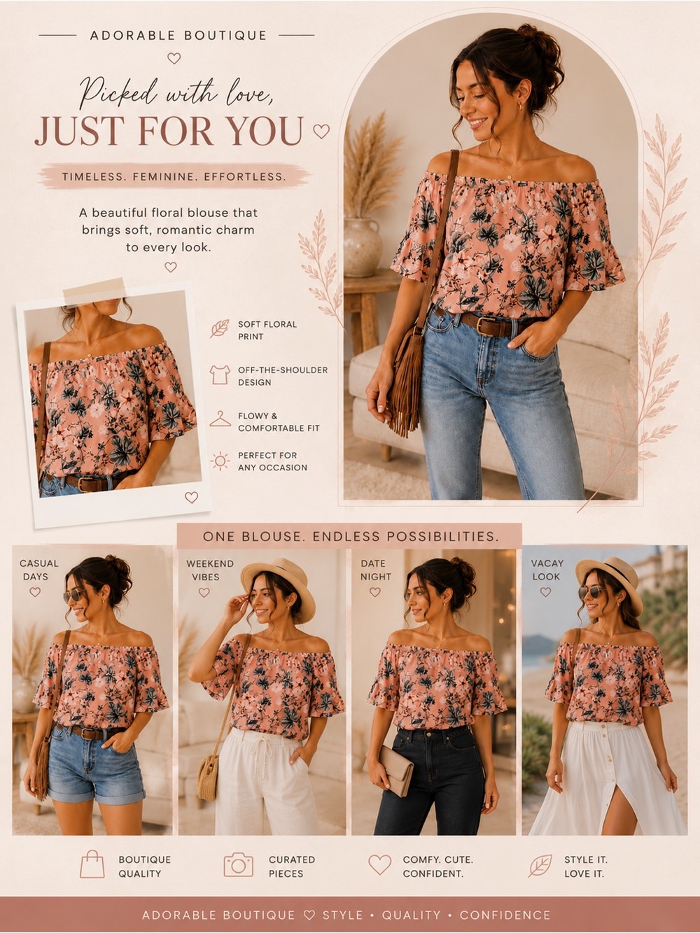 Off-Shoulder Floral Blouse in Blush Pink